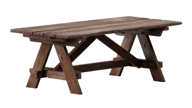 Rustic wooden picnic table.  Simple rectangular tabletop supported by crossed wooden legs. Aged, weathered wood with visible grain