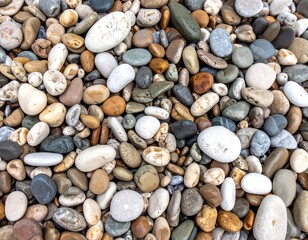 Close-up view of a beach filled with various smooth, colorful pebbles