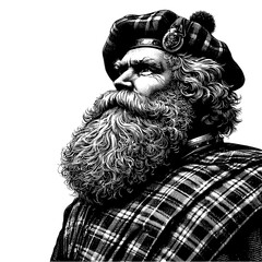 Striking portrait of a mature man with a long, thick beard wearing a traditional Scottish kilt and tam o'shanter.