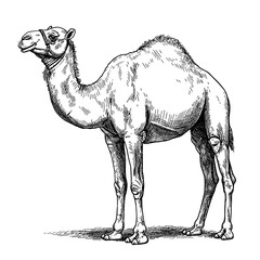 Dromedary camel Camelus dromedarius illustration. Detailed drawing of dromedary camel shows hump, legs, and head. This dromedary camel image is perfect for educational resources,