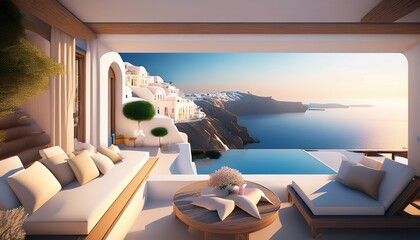 sea view beach luxury living santorini island style 3d rendering © Janet