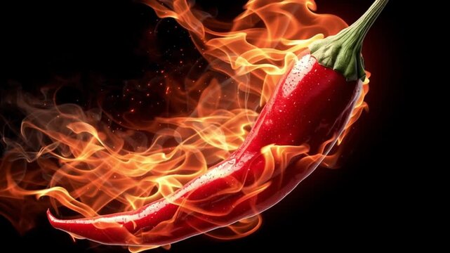A vibrant red chili pepper engulfed in flames against a stark black background image scene view