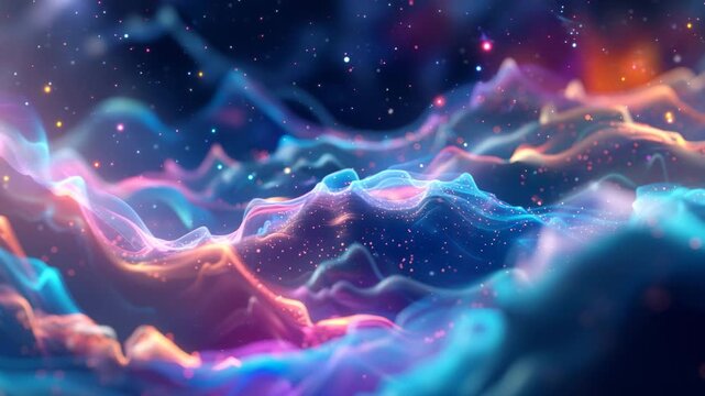 abstract cosmic clouds of blue, purple, and orange light with floating particles, quantum foam at Planck scale 