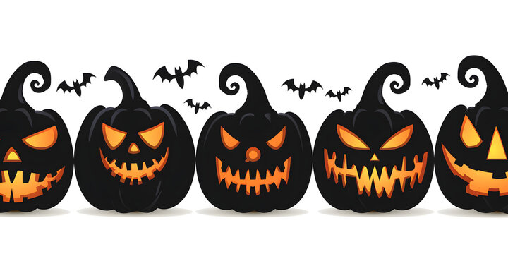 Scary black pumpkins with glowing orange faces and flying bats on white background, ideal for Halloween banners, party invites, and spooky decor.
