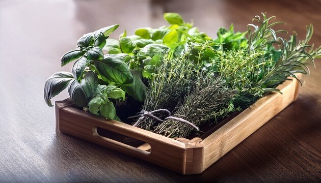 fresh herbs in a wooden tray