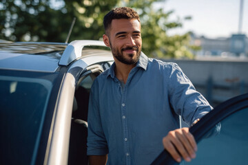 Happy Businessman Entering Car: Professional Commute Journey
