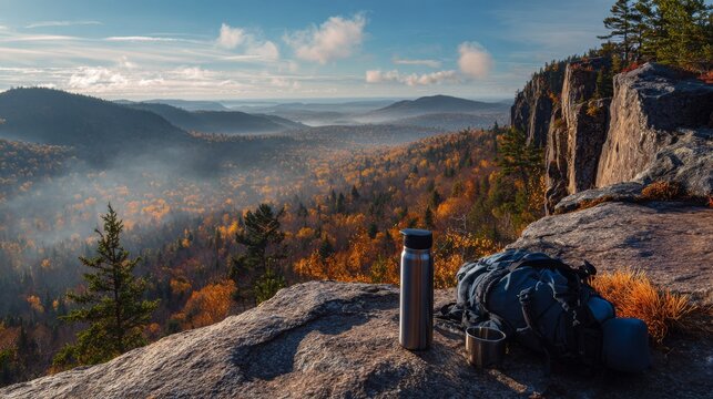 Hiker taking break on autumn cliff outlook