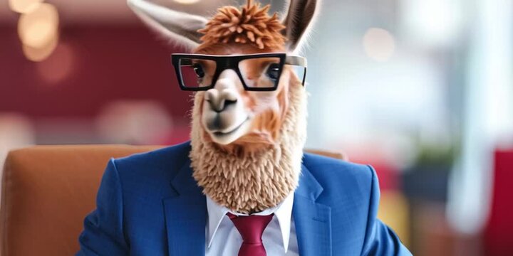 Llama dressed in professional business suit with glasses for a career using artificial intelligence technology and advanced AI and machine learning models
