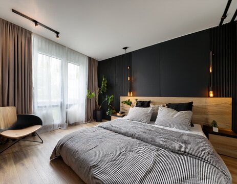modern bedroom with a large bed black walls wooden floor the room has a cozy minimalist aesthetic interior 3d rendering - Powered by Adobe