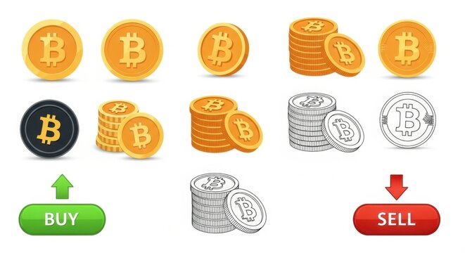 Collection of bitcoin coins and trading symbols representing cryptocurrency