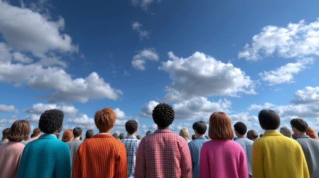 Diverse Crowd Looking Up at a Blue Sky with Clouds / 雲の浮かぶ青い空を見上げる多様な人々
