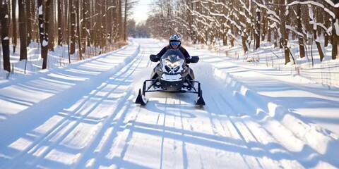 Happy woman adventuring in the winter snow on snowmobile - female in snowy winter forest exploring the natural woods landscape