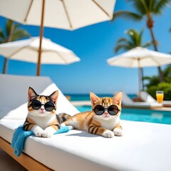 Two cats are lounging on poolside sunbeds