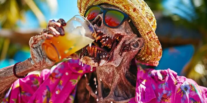 Ghoulish undead zombie is decomposing on summer vacation with a tropical cocktail, sunglasses, and hat