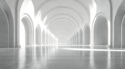 Fototapeta premium Luminous White Corridor of Endless Arches and Sunlit Reflections on a Gleaming Floor