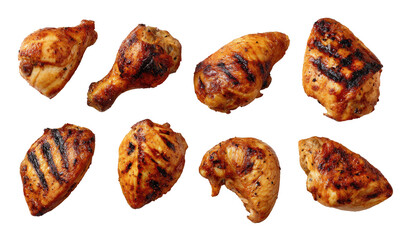 Nine grilled chicken pieces, various cuts.  Dark brown, golden-brown, and slightly crispy edges.  Appears cooked through.  Top-down view, set against a black background