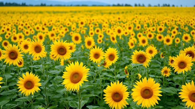 A field of yellow sunflowers on a cloudy afternoon with blue skies and white clouds - tall green stalks for natural landscape with floral plants