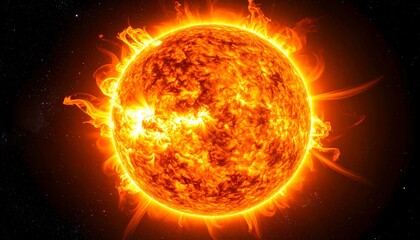 Fiery celestial orb.  Fierce solar flares erupt from a blazing sun