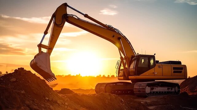 Heavy Yellow Excavator on Construction Site at Sunset with Golden Sky Power and Heavy Equipment For Building and Infrastructure Projects