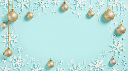 Fototapeta premium Decorative Christmas ornaments and snowflakes on blue background 