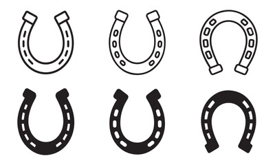 Set of horseshoe icons in outline and silhouette vector art on white background