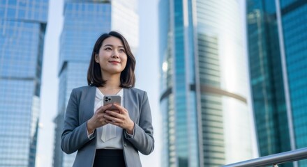 A confident businesswoman uses her smartphone while looking up at modern city skyscrapers