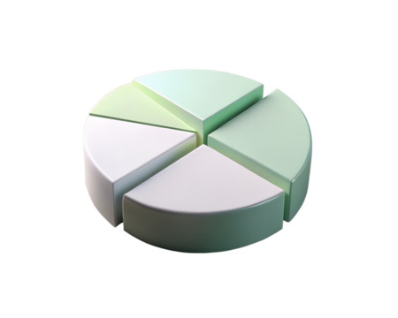 A 3d pie chart with five segments in light green and white, representing data analysis and business growth, isolated on a transparent background