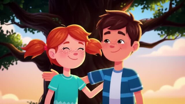 2D animation of two best friends laughing together under a tree during sunset, pastel background