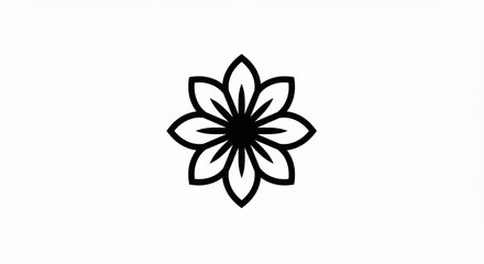 Fototapeta premium Minimalist Black Flower Icon with Eight Petals on White Background.