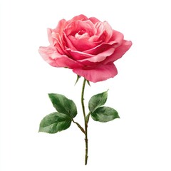 Pink rose, stem, leaves, white background, floral design, greeting card