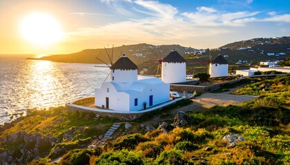Coastal sunset, whitewashed windmills, Aegean island