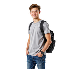 Fototapeta premium Young Man Smiling with Backpack in Casual Outfit on Transparent background