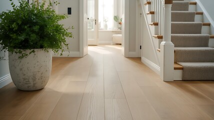 Bright modern hallway with light oak flooring and carpeted stairs interior