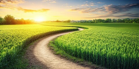 Fototapeta premium Serene Sunset Path: Winding Country Road Through Lush Green Wheat Field at Golden Hour