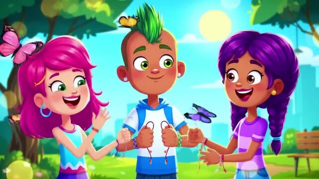 Colorful cartoon animation of friends exchanging friendship bracelets in a sunny park