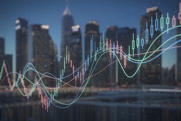 Analyze financial trends with dynamic stock market charts over a stunning cityscape backdrop