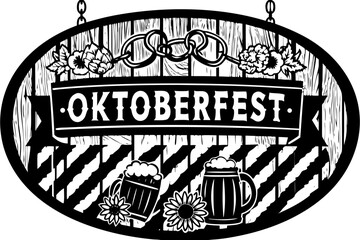 Oktoberfest sign with beer mugs and flowers on wooden background  