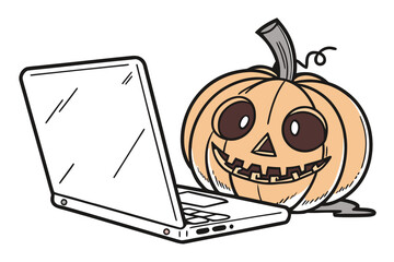 A cartoon pumpkin sits behind an open laptop on a transparent background