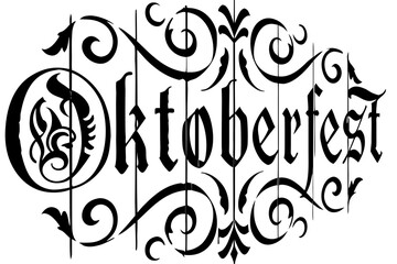 Oktoberfest sign with decorative flourishes in black and white design  