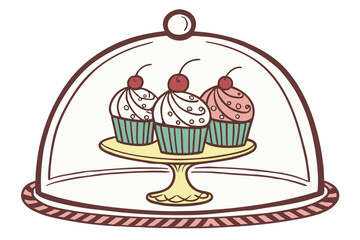 Cupcakes under glass dome on ornate cake stand  