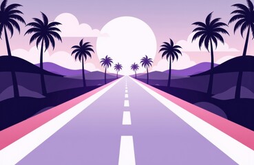 A stylized illustration of a road stretching into the distance with palm trees on both sides under a large setting sun