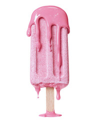 A pink popsicle with dripping, melted pink icing