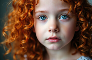 Fototapeta premium Close-up of a young girl with bright blue eyes and curly red hair looking directly at the camera