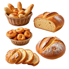 Freshly Baked Bread and Rolls in Baskets on a Transparent background