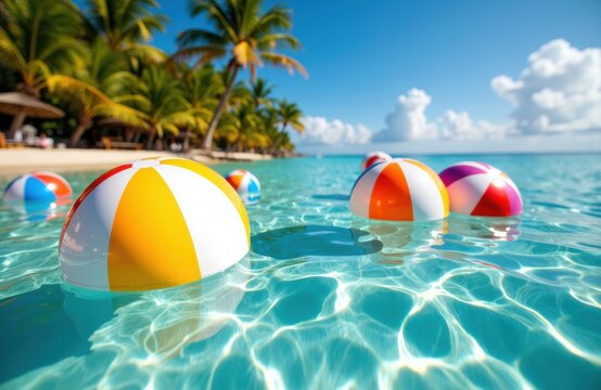 Colorful beach balls floating on clear turquoise water with a tropical beach and palm trees in the background