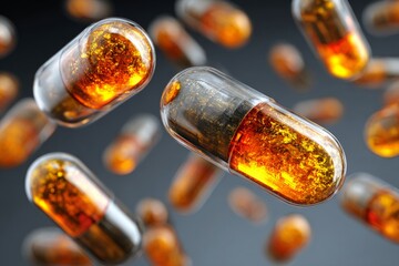 Fototapeta premium Innovative therapies visualized as floating capsules. Biological research. Reducing overtreatment in crohn's: insights from a groundbreaking study. Biological markers. Treatment pathways.