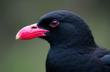 Obraz premium A close-up of a black bird with a bright pink beak and red eye on a blurred background