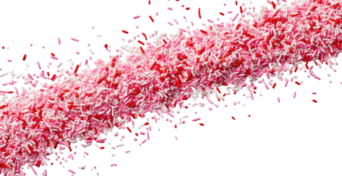 Pink and white sprinkles in a diagonal stream against a black background