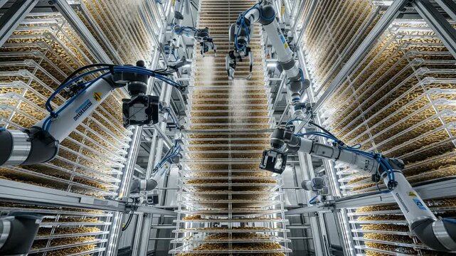 Automated mealworm farm showcases robotic arms dispensing feed in a towering vertical structure