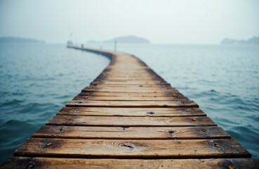 Fototapeta premium A wooden pier extends into calm water with a distant shoreline and hazy sky